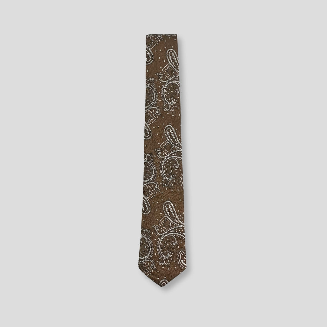 Brown Paisley Patterned Necktie + Pocket Square