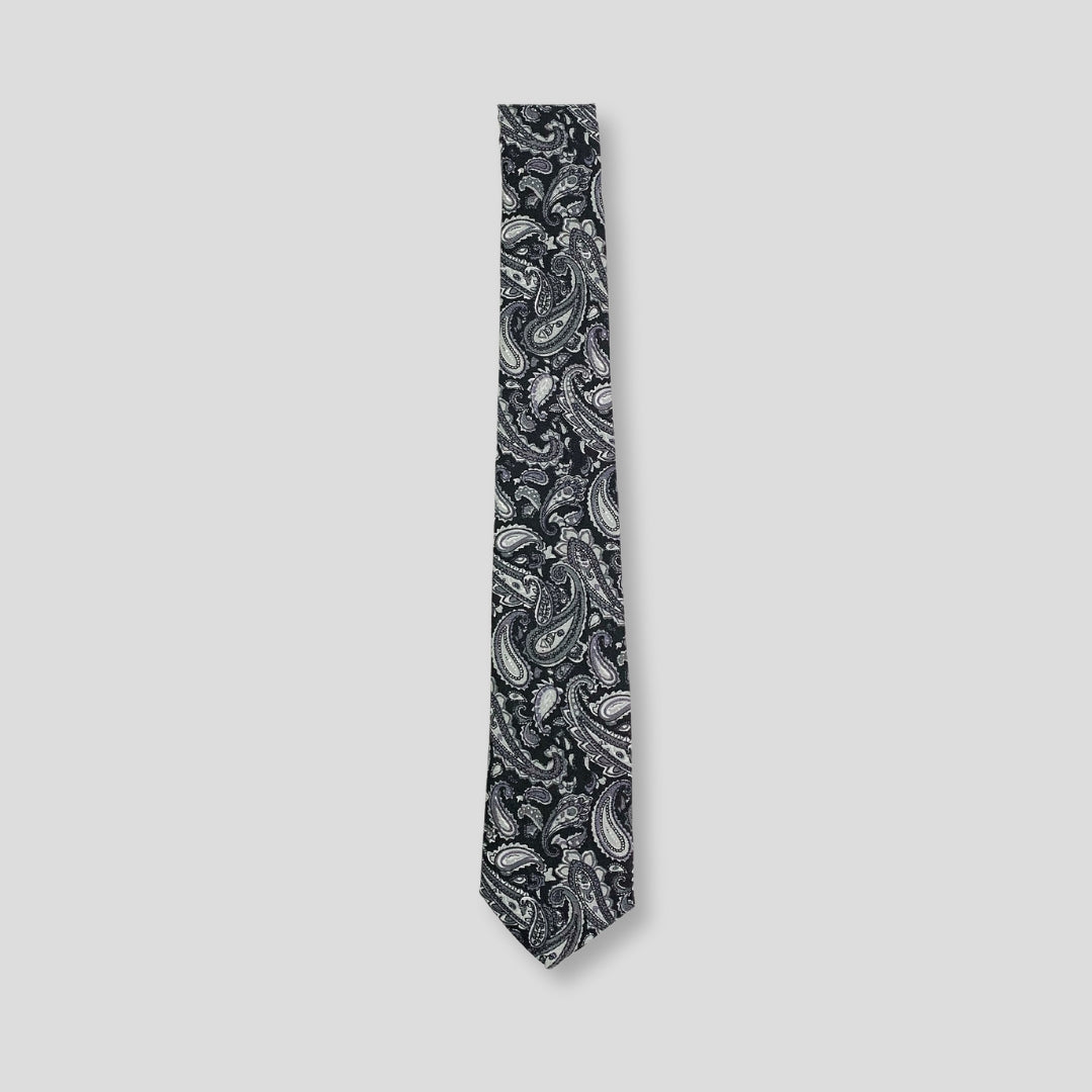 Dark Grey Paisley Patterned Necktie + Pocket Square