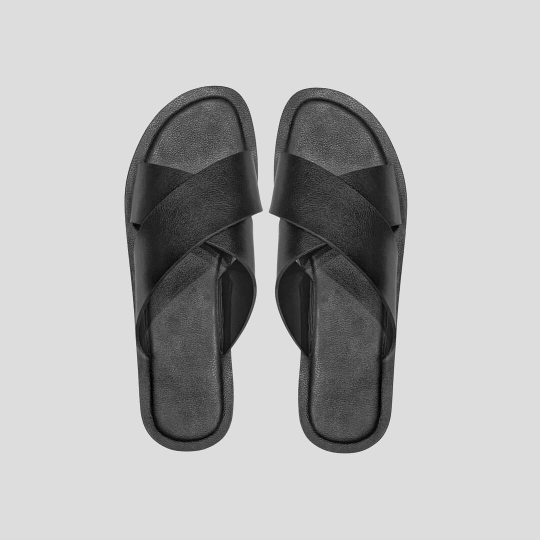 Black leather slide slippers for men showing open-toe design and premium leather construction, perfect useful gifts for men