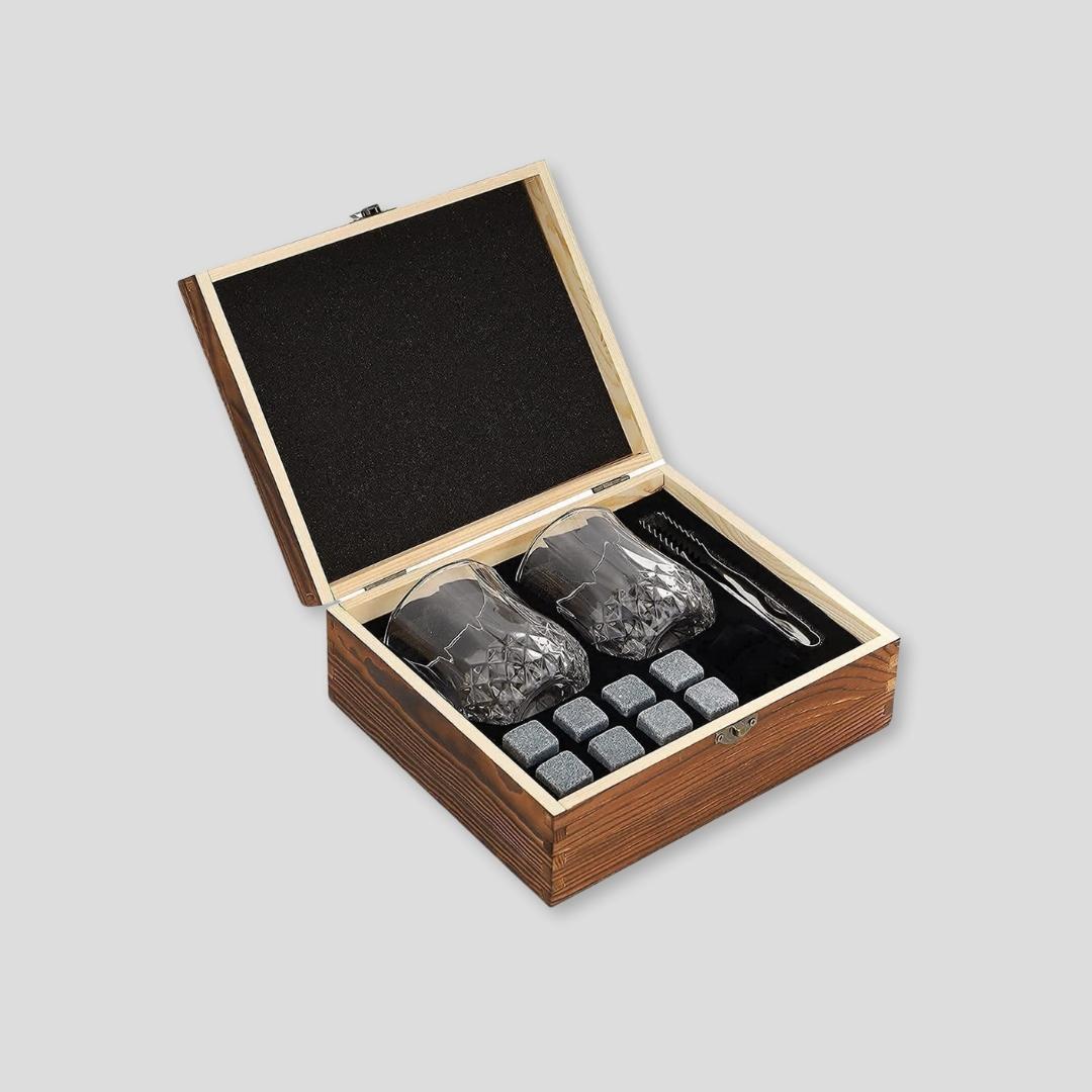Premium whiskey stones set with natural soapstone cubes and elegant storage pouch - perfect unique gifts for men who love whiskey