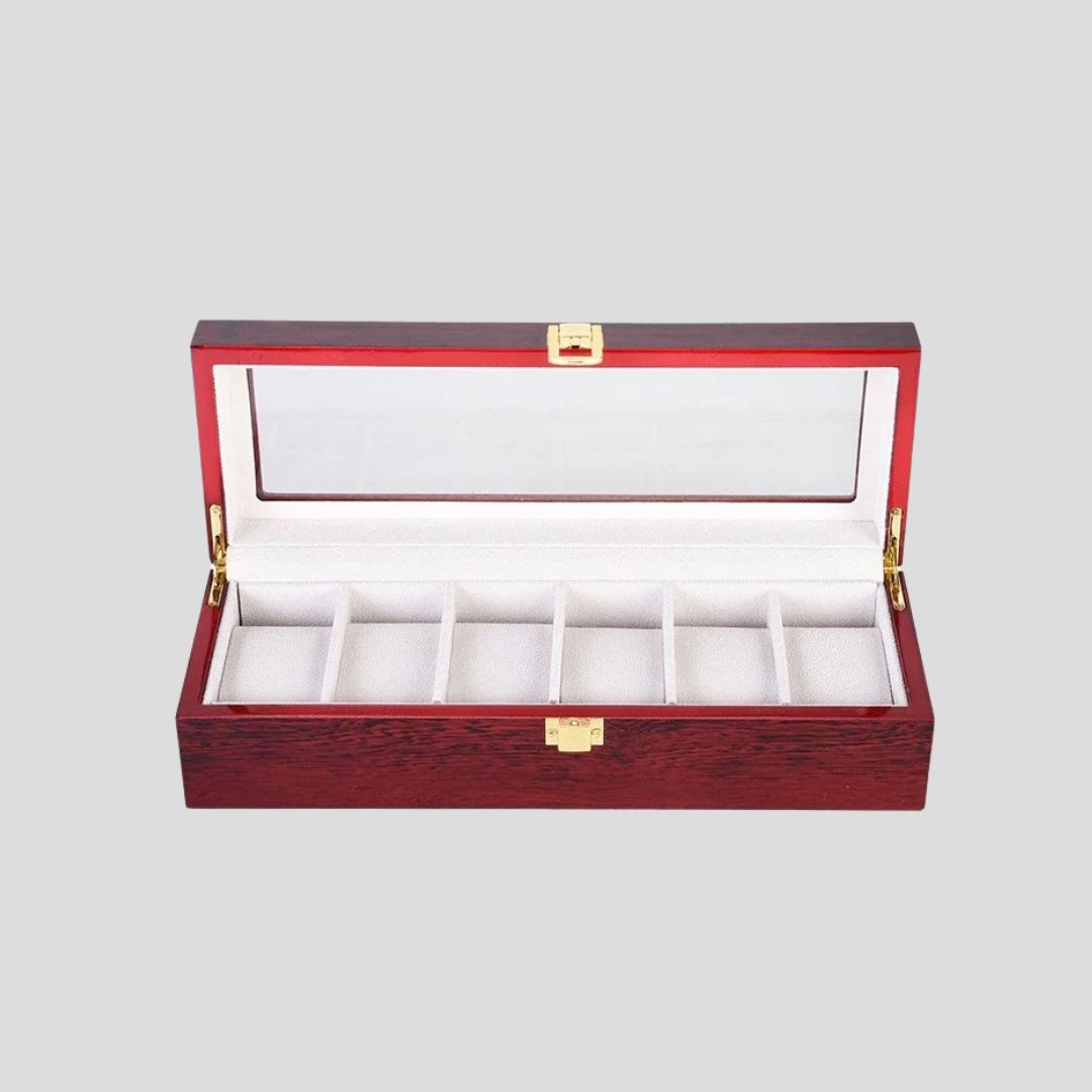 Premium wood & acrylic watch storage case. Protects 6 timepieces in style. Perfect gift for watch collectors. Six slot wristwatch storage case red wood acrylic men's gift Nigeria watch collector. 6 Slot Wristwatch Case Male Gift Ideas
