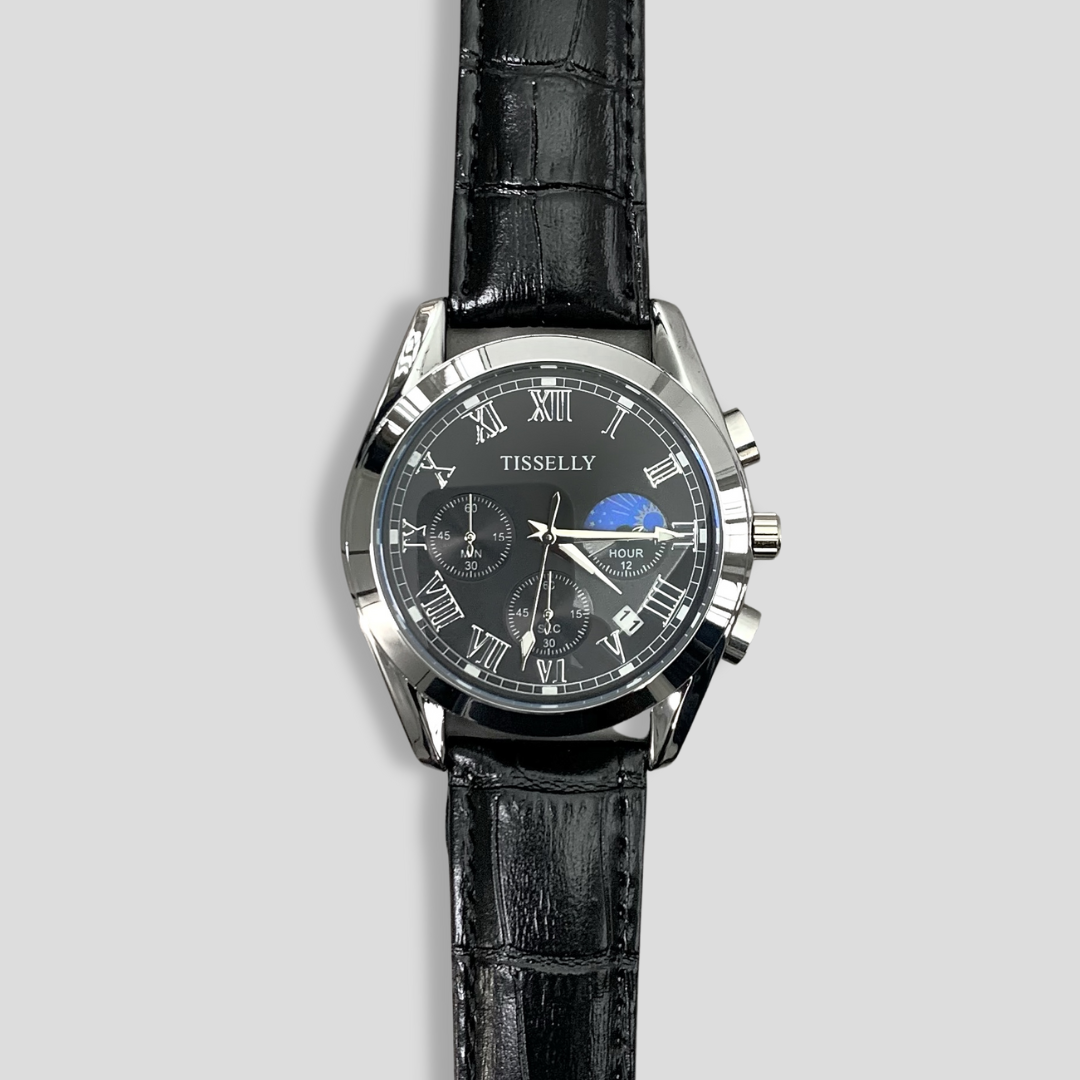 Tisselly black leather watch classic men's timepiece gift Nigeria. Classic black leather men's watch. Perfect gift for any occasion. Timeless style meets reliable functionality. Tisselly Watch Black. Gift Ideas For Men
